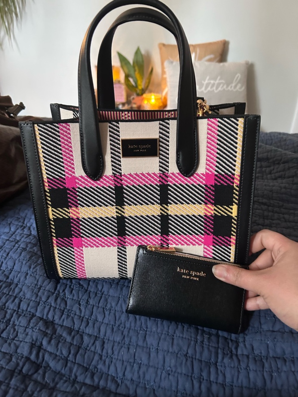kate spade Pink Plaid Tote with Black Wallet